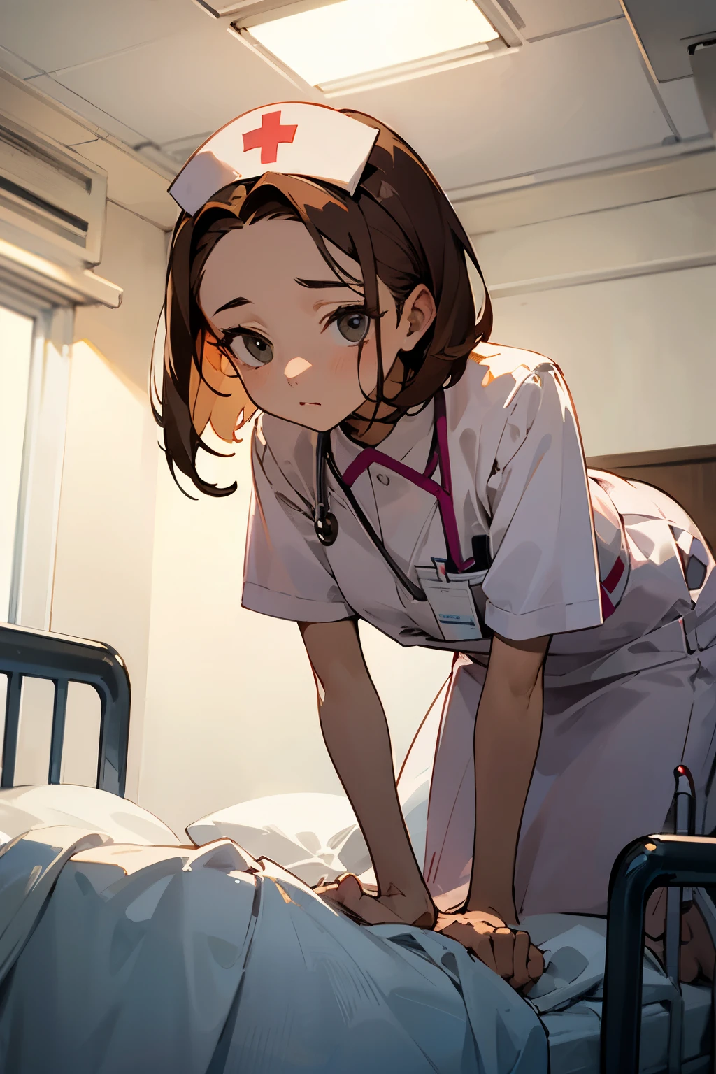 (masterpiece, best quality, detailed:1.3), light watercolor, 
a girl, expressionless, bob, center part, forehead, brown hair, 
she is nurse,   
inside, hospital, Hospital room、bed、
BREAK (leaning forward:1.2) 