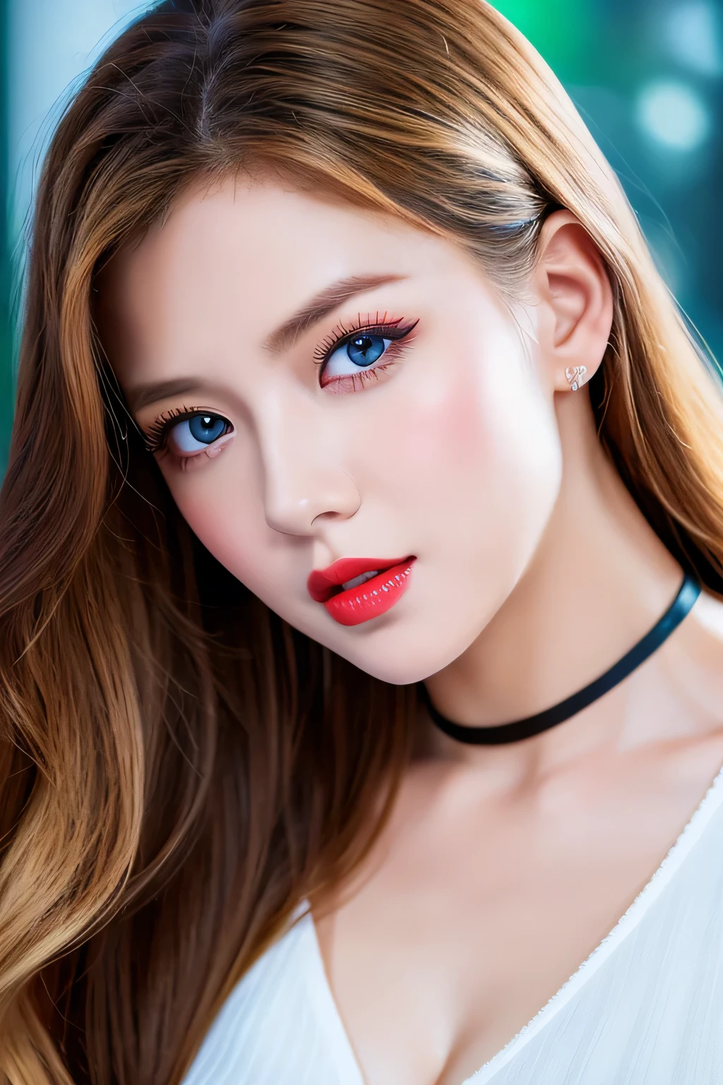 An unparalleled masterpiece, Ultra-realistic 8K CG, Perfect artwork, ((Image of a perfect woman)), Mature Woman, Tight waist, charm, clean, Beautiful Face, {Very delicate and beautiful girl} , 8k wallpaper, {{{masterpiece}} }, 1 girl, blonde, blue eyes, American Drama「Charlie's Angels」、Long Hair, Red lips,double eyelid、I'Apply mascara、 alone, (Shiny skin),photo shoot on the beach、Wearing a red bikini、Pose like a model、The sea of Shikanoshima、