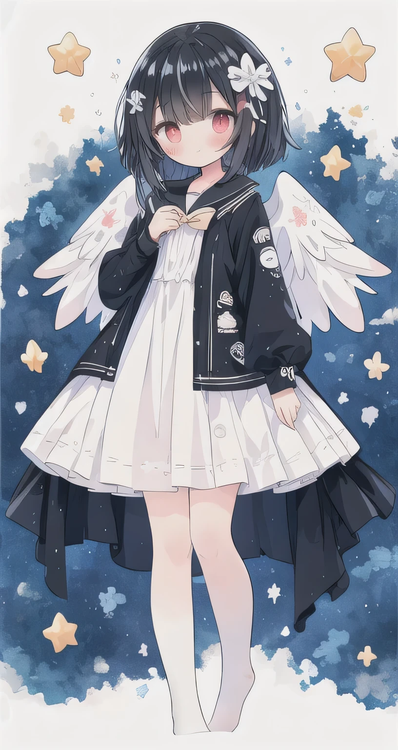 No shoes,
watercolor, masterpiece, highest quality, Very detailed, One girl, whole body, Beautiful fine details，Red Eyes，Drooping eyes，Bright red eyes, Black Hair，Bob Hair，Straight Hair，Cute anime face, whole body, Beautifully detailed face,  Starry sky background，Angel， White Dress,