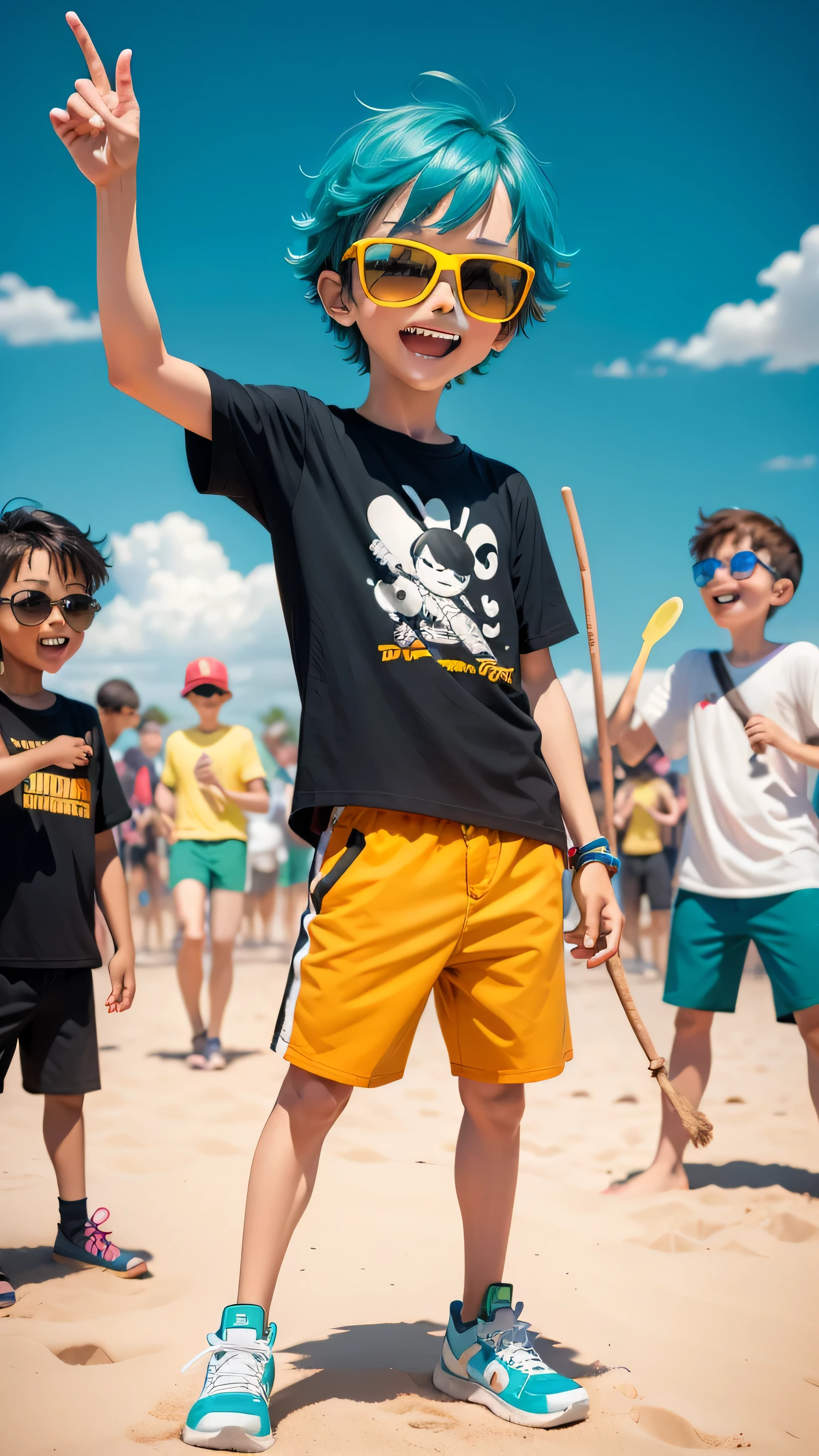 Cartoon Sunglasses Boy with Stick Figure Friends:
In a vibrant, colorful world, a cheerful boy adorned with cool cartoon sunglasses is the center of attention. He stands tall amidst his stick figure companions, their simple lines contrasting the boy's detailed appearance. His sunglasses, with wacky frames and neon-colored lenses, bring a dash of fun to the scene. The boy and his stick figure friends, despite their differences in complexity, share laughter and camaraderie, celebrating the unique bond between them.