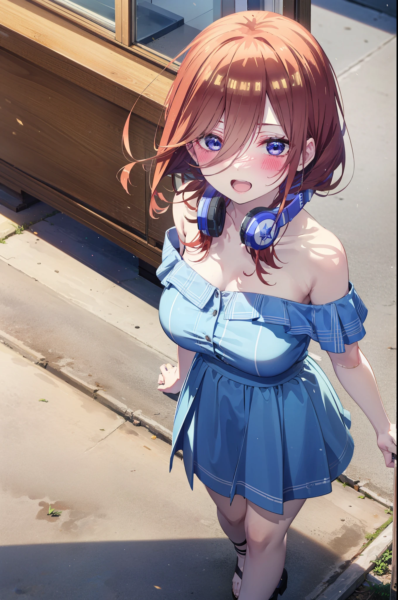 Mikunakano, Miku Nakano, Long Hair, bangs, blue eyes, Brown Hair, shirt, Hair between the eyes, Headphones around the neck,happy smile, smile, Open your mouth,Off-the-shoulder blue dress,Bare shoulders,bare clavicle,Bare neck,Bare arms,Blue long skirt,Cute heeled sandals,Real Summer,Daytime,sunny,My hair is blowing in the wind,whole bodyがイラストに入るように,Looking down from above,
break outdoors, city,海岸通り
break looking at viewer, whole body,
break (masterpiece:1.2), highest quality, High resolution, unity 8k wallpaper, (shape:0.8), (Beautiful details:1.6), Highly detailed face, Perfect lighting, Highly detailed CG, (Perfect hands, Perfect Anatomy),