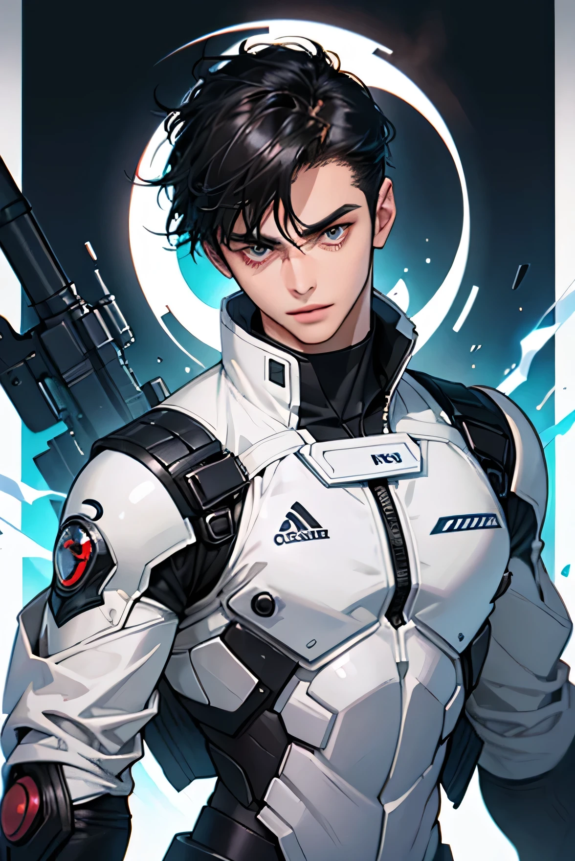 Handsome 18 year old Very short, cropped black hair cyborg White Armor White rubber suit future universe Science fiction The background is the galaxy universe looking at the camera