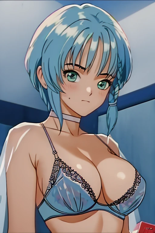  (best quality, masterpiece, high resolution, extremely detailed CG , super fine illustration) , (realistic:0.01) , (1girl , 21 yo) , upper body , (from below:1.1) ,BREAK , (Gaunt , thin waist) , (huge breasts:1.1) , (white see-through micro bikini bra , choker) , BREAK , (light blue hair) ,  (detailed hair) ,  BRAEK , (face from below ,  looking down at viewer:1.2), (expressionless , closed mouth) , (natural make up) , BREAK , weight training , training gym
