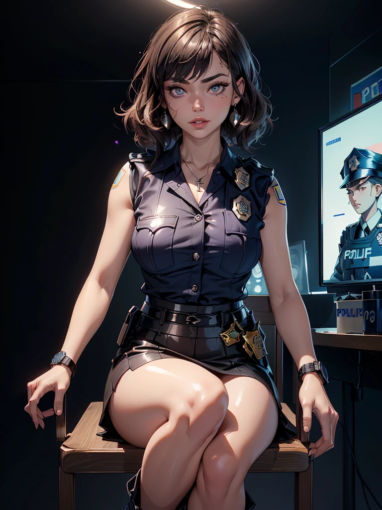 (masterpiece: 1.3), (Maximum resolution: 1.2), (Ultra HDTV: 1.2), Cinema Lighting, Ultra HDTV, (Detailed eyes and skin), (Detailed facial features), High resolution, 8K resolution, Sharp focus: 1.2, Perfect Style, Beautiful Face, Accurate, Anatomically correct, Highly detailed face and skin texture, fine grain, Dark blue eyes, double eyelid, Thin eyebrows, Glitter Eyeliner: 1.2, Natural Cheeks, Glowing Skin, Fair skin: 1.2, Shiny little necklace and earrings, (Glossy lips: 1.4), break, First Person View, (She is a female police officer), (((Black watches on both wrists))),(((Wear a sleeveless button-up shirt, Ultra mini skirt, Shiny police belt,To the Navy, short boots))), (((Exposing your thighs))),(Captivating smile: 1.2), (look at me), ((Pure and cute girl:1.2)), (Layered Hairstyles, Wavy Hair, Light brown hair, Diagonal bangs), Medium Long Hair, (Full Body Shot: 1.2), Focus on the face, ((Very close relationship: 1.2)), (Medium large breasts), (((Monotone background,Inside the police station: 1.6))), ((sit cross-legged on a chair:1.4)), from before,