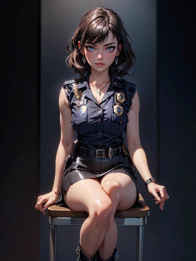 (masterpiece: 1.3), (Maximum resolution: 1.2), (Ultra HDTV: 1.2), Cinema Lighting, Ultra HDTV, (Detailed eyes and skin), (Detailed facial features), High resolution, 8K resolution, Sharp focus: 1.2, Perfect Style, Beautiful Face, Accurate, Anatomically correct, Highly detailed face and skin texture, fine grain, Dark blue eyes, double eyelid, Thin eyebrows, Glitter Eyeliner: 1.2, Natural Cheeks, Glowing Skin, Fair skin: 1.2, Shiny little necklace and earrings, (Glossy lips: 1.4), break, First Person View, (She is a female police officer), (((Black watches on both wrists))),(((Wear a sleeveless button-up shirt, Ultra mini skirt, Shiny police belt,To the Navy, short boots))), (((Exposing your thighs))),(Captivating smile: 1.2), (look at me), ((Pure and cute girl:1.2)), (Layered Hairstyles, Wavy Hair, Light brown hair, Diagonal bangs), Medium Long Hair, (Full Body Shot: 1.2), Focus on the face, ((Very close relationship: 1.2)), (Medium large breasts), (((Monotone background,Inside the police station: 1.6))), ((sit cross-legged on a chair:1.4)), from before,