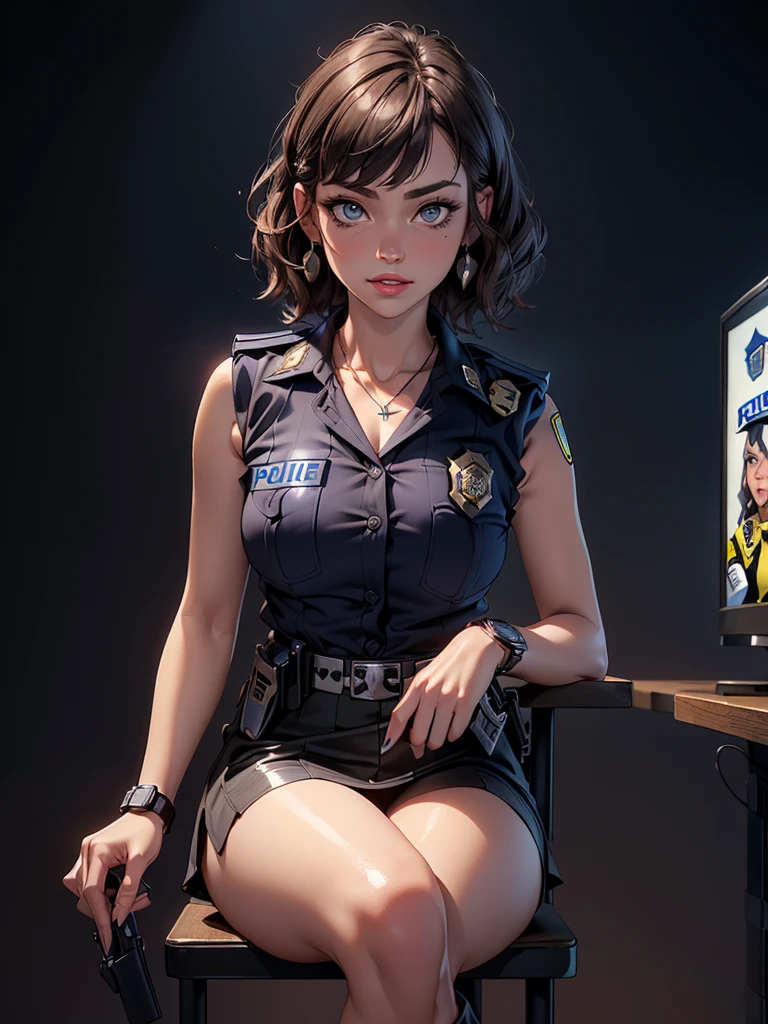 (masterpiece: 1.3), (Maximum resolution: 1.2), (Ultra HDTV: 1.2), Cinema Lighting, Ultra HDTV, (Detailed eyes and skin), (Detailed facial features), High resolution, 8K resolution, Sharp focus: 1.2, Perfect Style, Beautiful Face, Accurate, Anatomically correct, Highly detailed face and skin texture, fine grain, Dark blue eyes, double eyelid, Thin eyebrows, Glitter Eyeliner: 1.2, Natural Cheeks, Glowing Skin, Fair skin: 1.2, Shiny little necklace and earrings, (Glossy lips: 1.4), break, First Person View, (She is a female police officer), (((Black watches on both wrists))),(((Wear a sleeveless button-up shirt, Ultra mini skirt, Shiny police belt,To the Navy, short boots))), (((Exposing your thighs))),(Captivating smile: 1.2), (look at me), ((Pure and cute girl:1.2)), (Layered Hairstyles, Wavy Hair, Light brown hair, Diagonal bangs), Medium Long Hair, (Full Body Shot: 1.2), Focus on the face, ((Very close relationship: 1.2)), (Medium large breasts), (((Monotone background,Inside the police station: 1.6))), ((sit cross-legged on a chair:1.4)), from before,