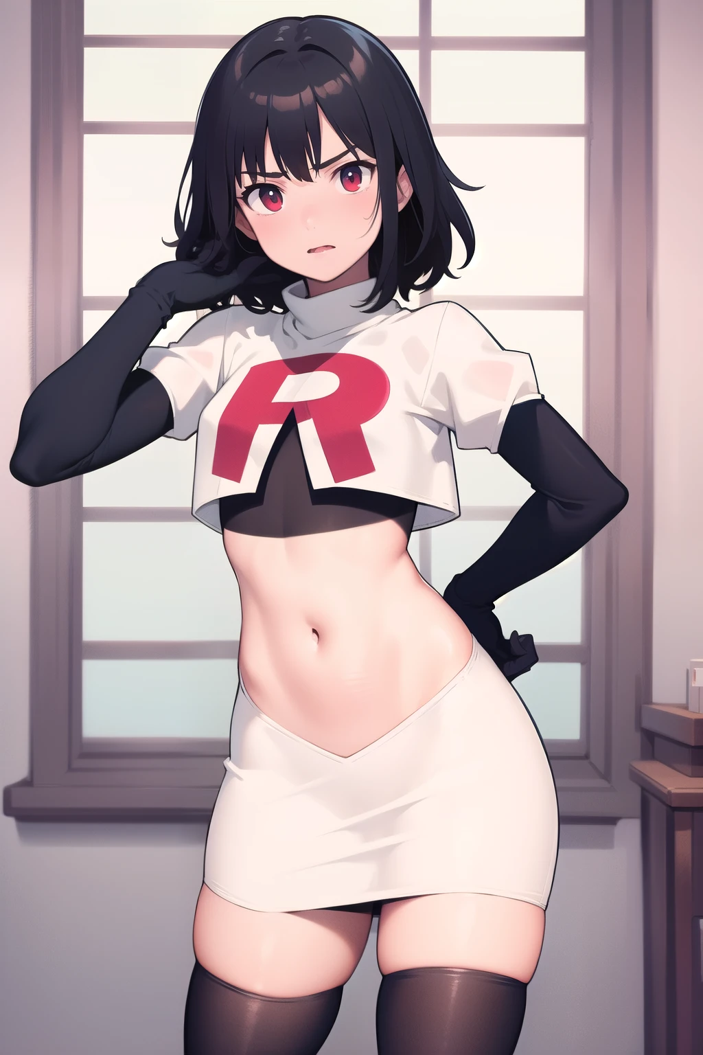 masterpiece, absurdres, male focus, trap, crossdressing,1boy, team rocket,team rocket uniform,white skirt,red letter R,crop top,black thigh-highs,black elbow gloves