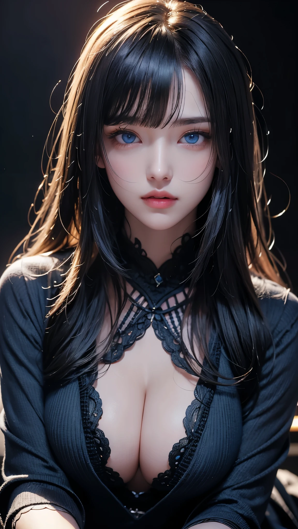 masterpiece, highest quality, Super detailed, Facing the camera, 複雑に詳細なSuper detailed, Realistic, Sharp features, Very detailed, Sharp focus, Perfect Face, Perfect Face, Perfect symmetrical perfect eyes, Perfect Plump Lips, Flexible female form, Cinematic, Film Light, Super detailed, hyper Realistic, masterpiece, Atmospheric, High resolution, Vibrant, Dynamic Studio Lighting, ((Dark Background)), The expression when receiving pleasure, Straight bangs, blue eyes,Black sweater, Cowboy Shot,The cleavage is visible