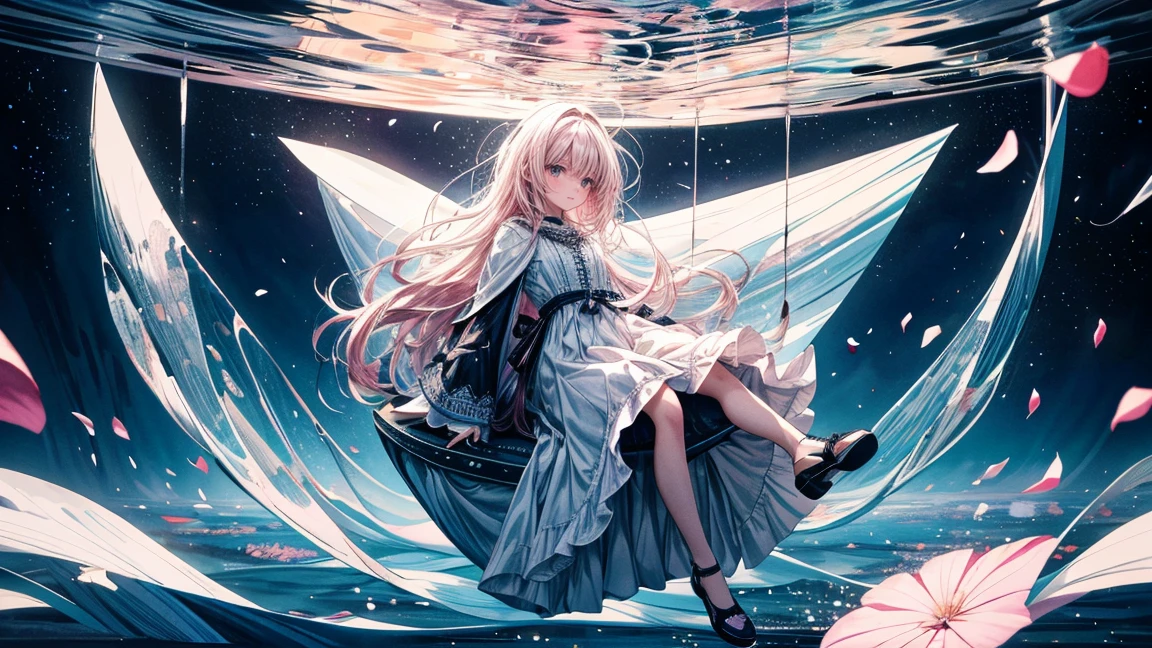 A whimsical, dreamlike scene featuring an 18-year-old woman with a height of 150cm, falling from the sky in a nearly supine position with her arms and legs slightly spread out. She is wearing a white dress, and her head is positioned on the left side of the image while her feet are on the right. She is looking directly at the camera with a serene expression. The woman appears relatively small in the image, with the background occupying most of the space. Surrounding her, petals are drifting through the air, and one of her shoes is floating nearby, as if it has just come off her foot. The background is filled with sparkling, floating shapes and a starry night sky, creating a magical, otherworldly environment. The overall color scheme is dominated by pinks and blacks, with a watercolor painting style that emphasizes soft, flowing lines and a sense of wonder. The image should be highly detailed, with an 8K resolution to capture the intricate details of the scene.