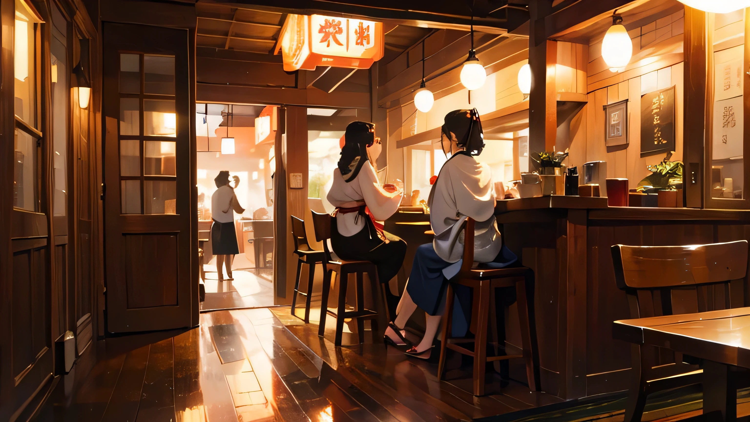 Edo period women in kimonos enjoying coffee in a modern cafe with old-fashioned surroundings。A woman in her 20s with a bright atmosphere。A little erotic