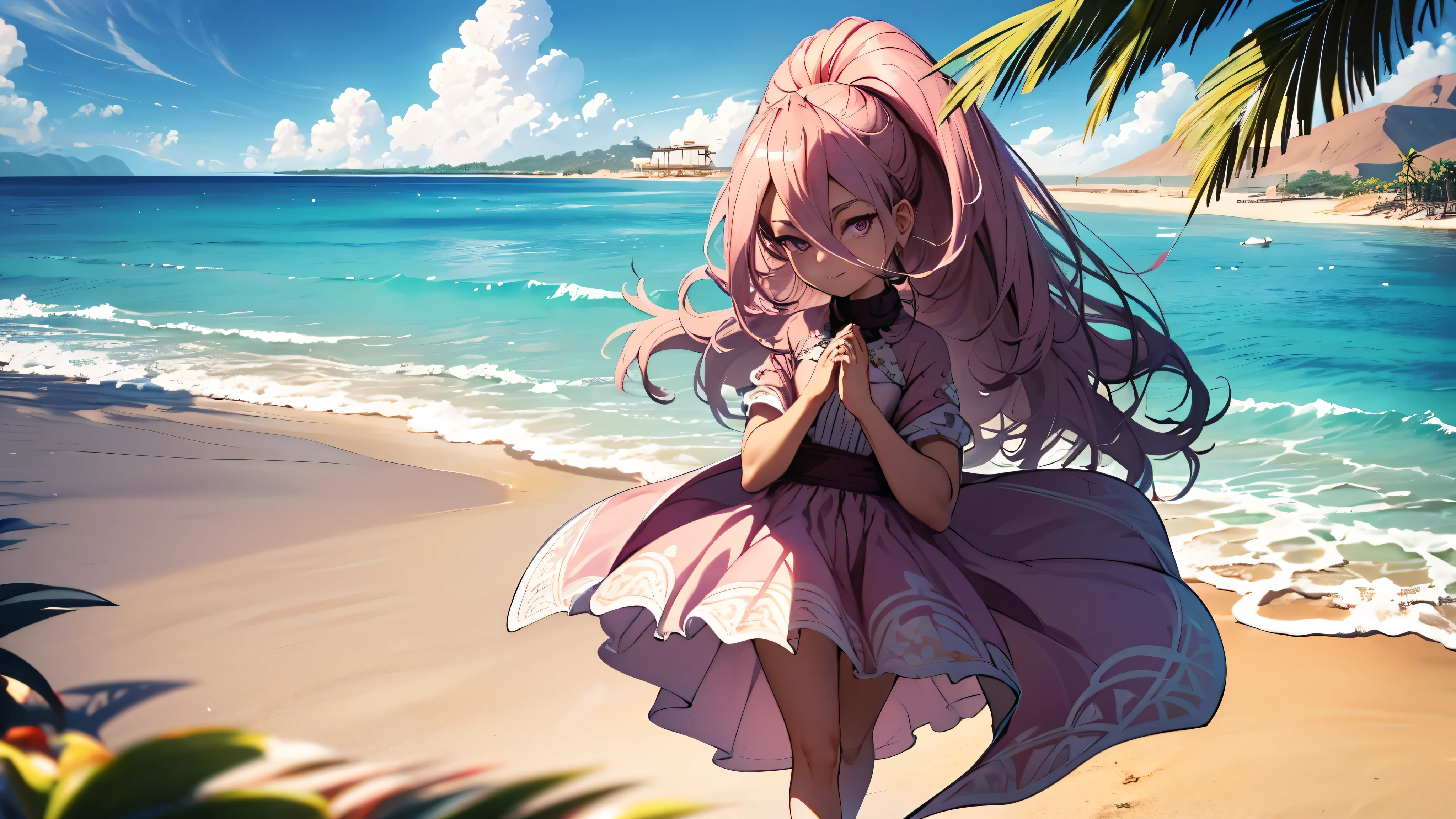 4k, masterpiece, high detailed, beautiful eyes, long pink hair, high ponytail, purple eyes, mischievous smile, wearing a light, flowing sundress with floral patterns, beach setting, standing barefoot on the sand, gentle waves in the background, bright sunlight, playful and carefree expression, wind lightly blowing her hair and dress, seashells scattered on the sand, summer vibes, relaxed and joyful atmosphere, spider pattern, detailed feet, beautiful eyes, (best quality), (extremely detailed 8K wallpaper), ultra-detailed, cinematic lighting, detailed light, best shadow, anklet, dark skinned, female, Hawaiian, detailed face, beautiful toes, beautiful hands,