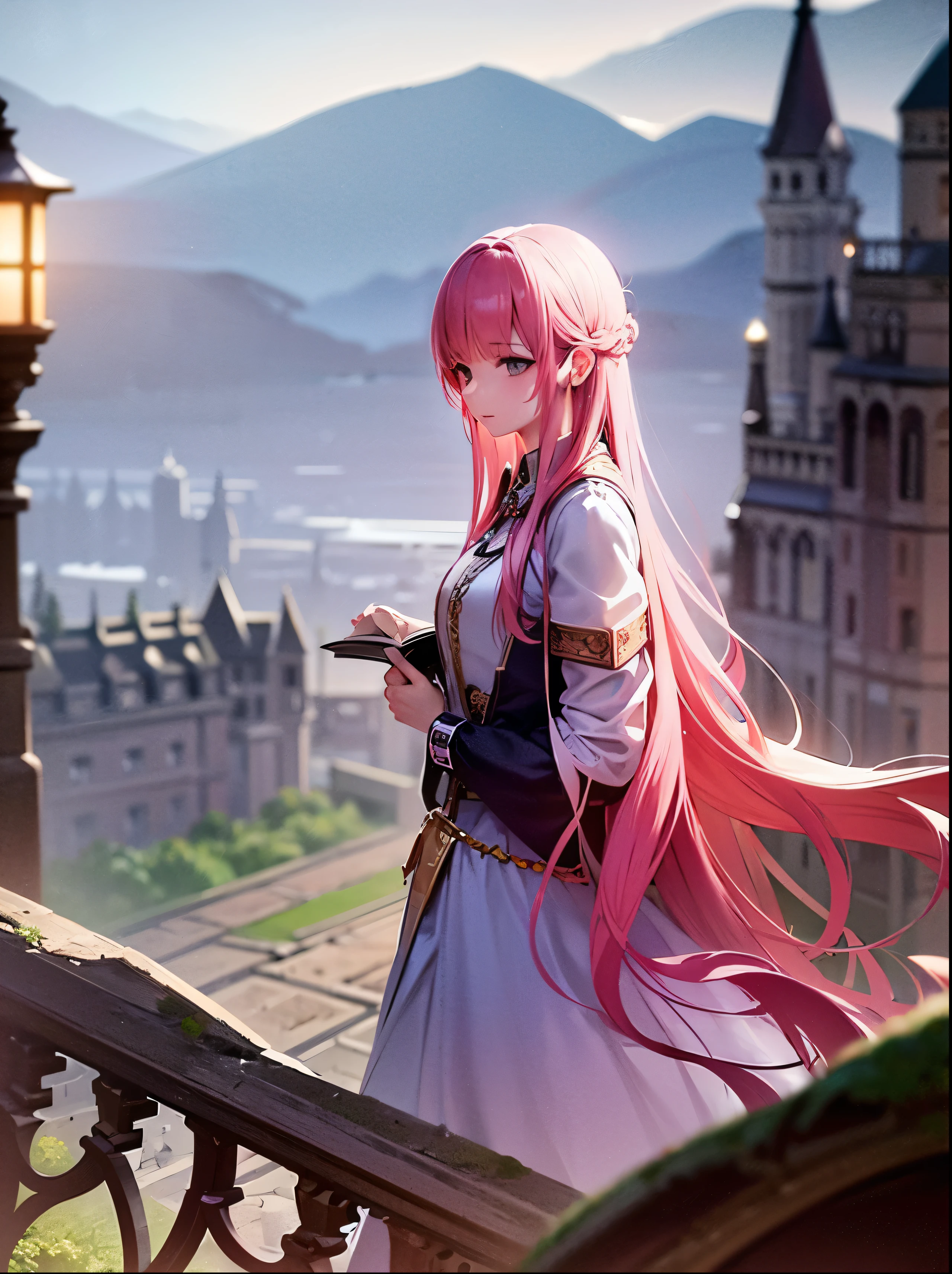 (1gril, princess, pink hair, long hair, dress, look far away, fokus on girl, girl in sde) outdoor, fantasy background, castle on far away, landscape, novel cover,