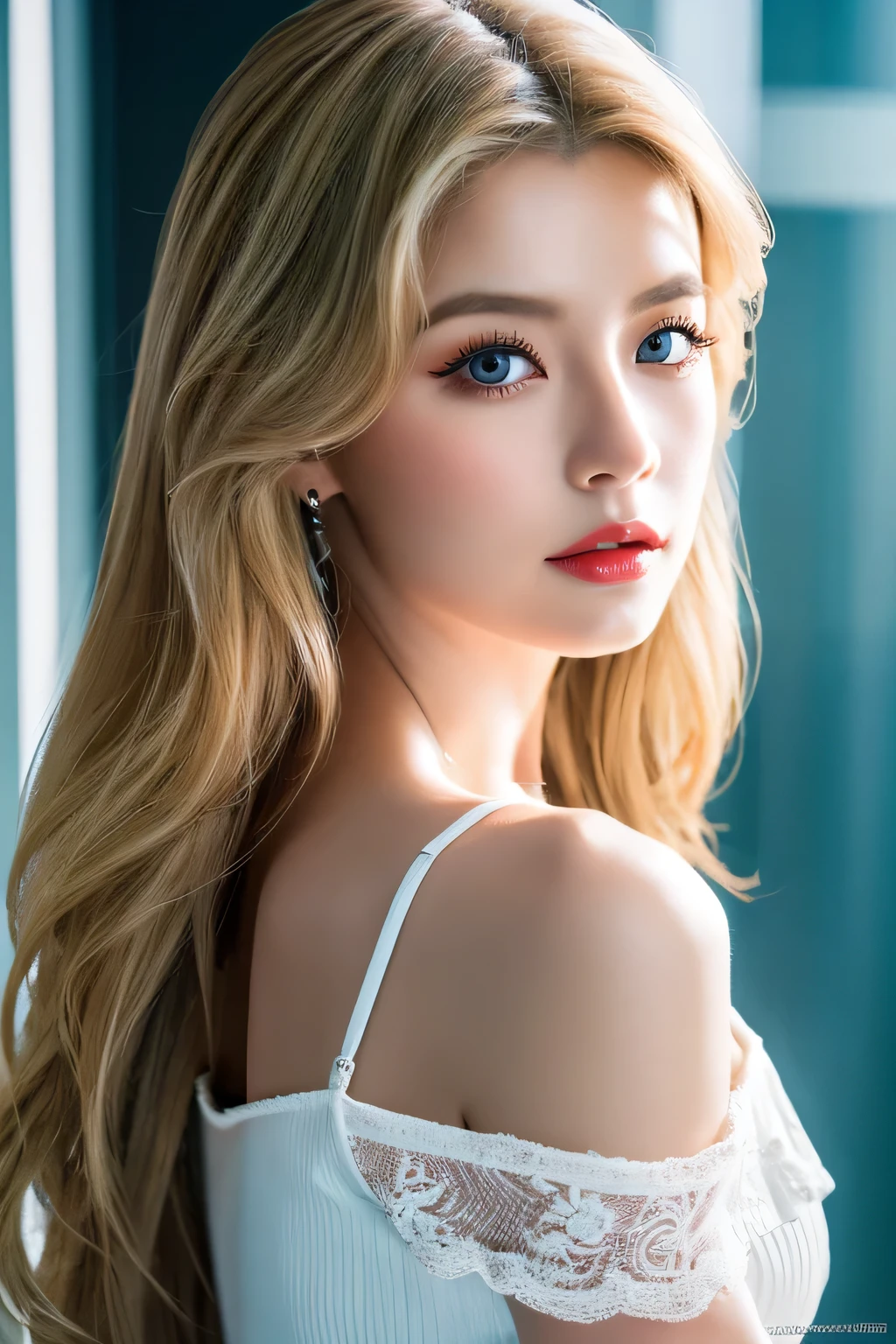 An unparalleled masterpiece, Ultra-realistic 8K CG, Perfect artwork, ((Image of a perfect woman)), Mature Woman, Tight waist, charm, clean, Beautiful Face, {Very delicate and beautiful girl} , 8k wallpaper, {{{masterpiece}} }, 1 girl, blonde, blue eyes, American Drama「Charlie's Angels」、Long Hair, Red lips,double eyelid、I'Apply mascara、 alone, (Shiny skin),photo shoot on the beach、Wearing a red bikini、Pose like a model、The sea of Shikanoshima、early summer sea、