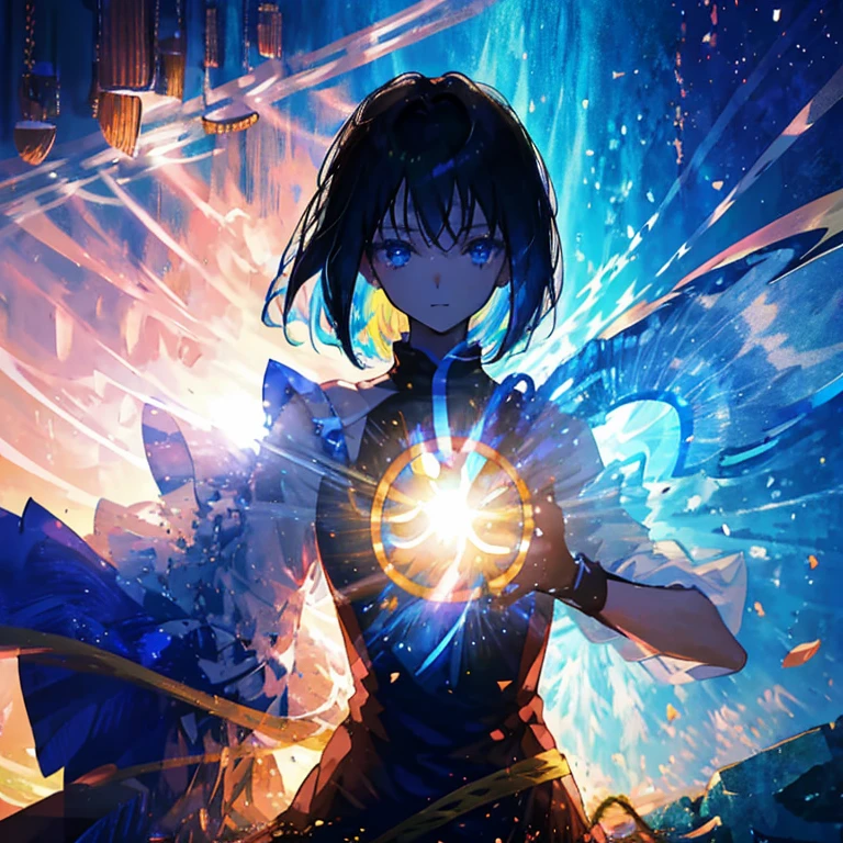 anime、beautiful girl、10 Talents、Black Hair、blue eyes、A face that retains its youthfulness、short hair、her hair is cut short, A little shorter than shoulder length、Sparkling eyes、Upper Body、Bright smile、Dancing、Clear water flows like a waterfall、sunrise、rainbow、Fantastic World、Female Hero、