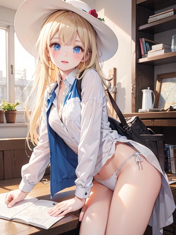 masterpiece, highest quality, Very detailed, 16k, Ultra-high resolution, Cowboy Shot, , Detailed face, Perfect Fingers, blue eyes, blonde, Braiding, A vest with lots of pockets, White panties, Explorer knife, Safari Hat, azimuth magnetic needle, telescope, map, A room with lots of cluttered items, Lie on your back