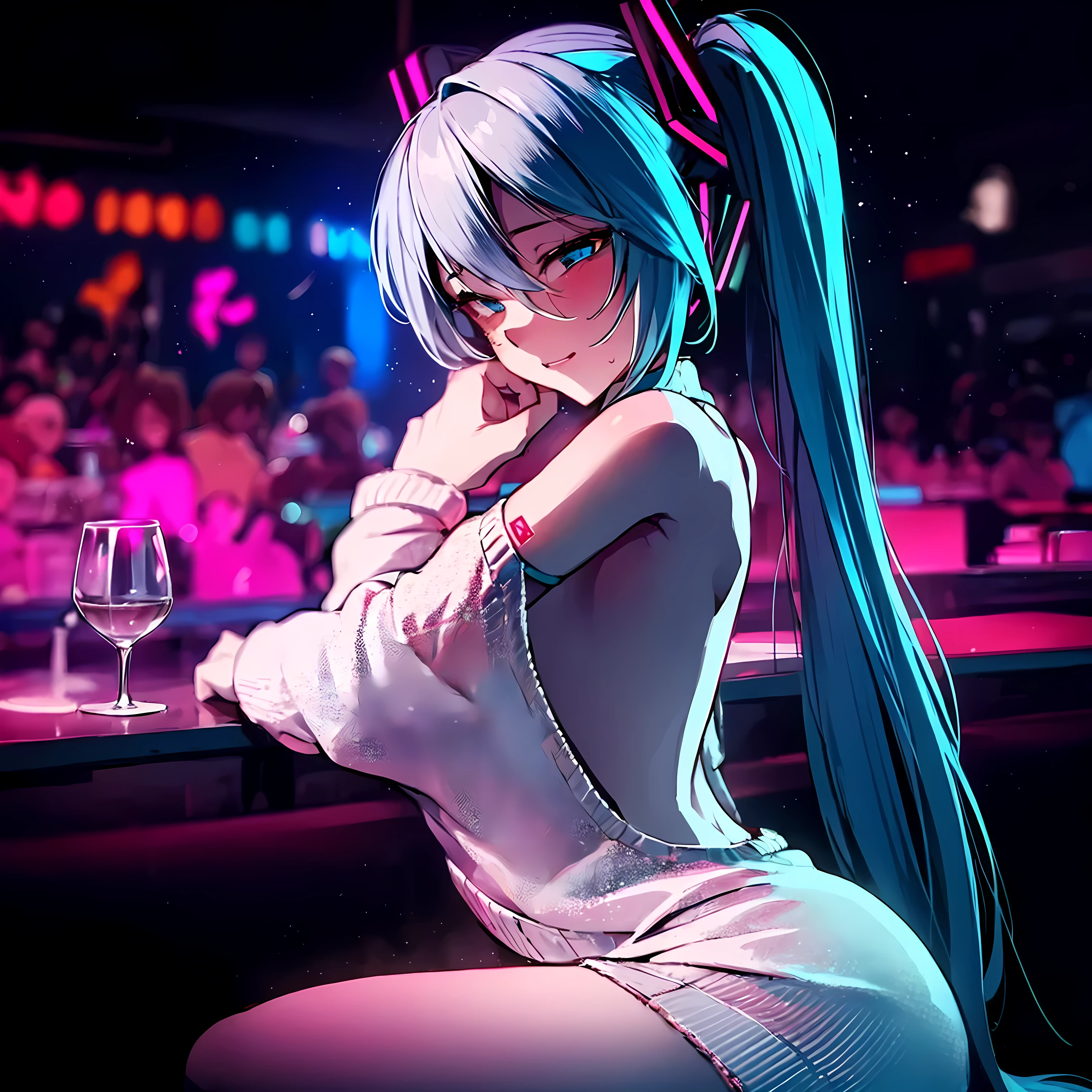 hatsune miku, lost half-closed eye,visibly drunk,shoulder cut sleveless sweater with neck collar, side body,large back cutout,front and back,hourglass dark room with coloful lights in the background,sitting on a bar,anime big eyes,anime face,anime body,long exposure,detailed background,(masterpiece), (best quality), (detailed),detailed face and Clothing,looking sexy,sexy pose,erotic,teasing,