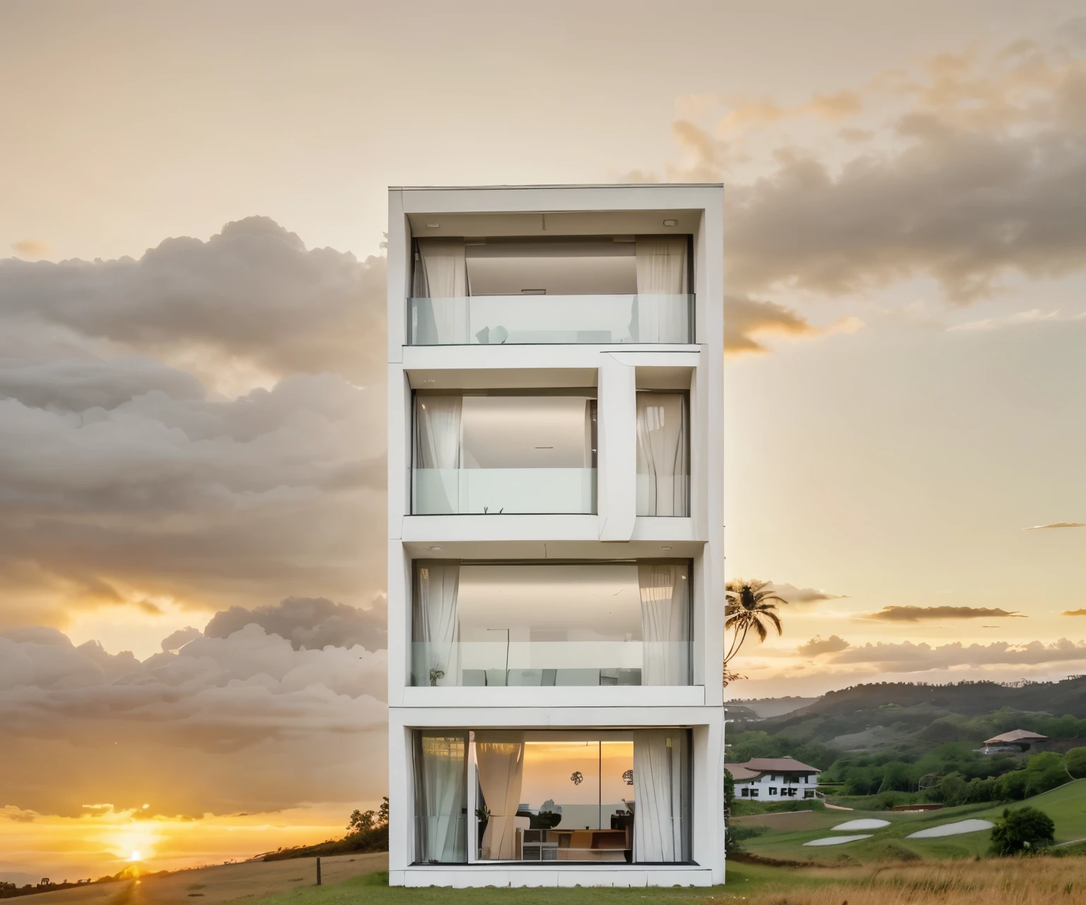 in the morning, sunrise, contemporary house exterior, beige and white mix together, glass door and window, large span balcony, on grassland, hillside, tropical landscape, masterpiece, high quality, ultra hd,