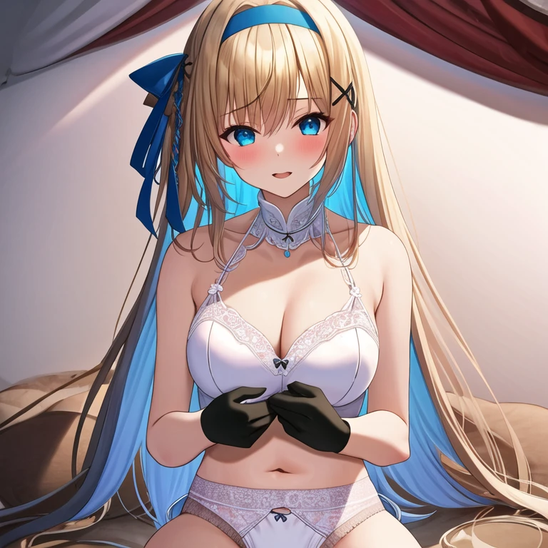 (masterpiece, best quality:1.2), 1girl, solo, blond hair, blue hairband, blue hair ribbon on the left,white underwear, black gloves, knight skirt, Solid color background