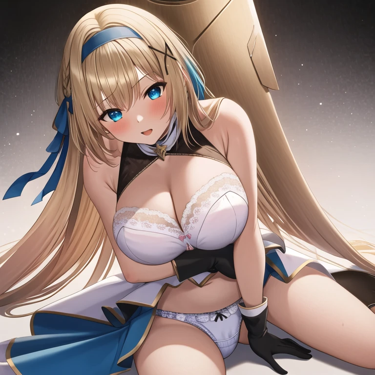 (masterpiece, best quality:1.2), 1girl, solo, blond hair, blue hairband, blue hair ribbon on the left,white underwear, black gloves, knight skirt, Solid color background