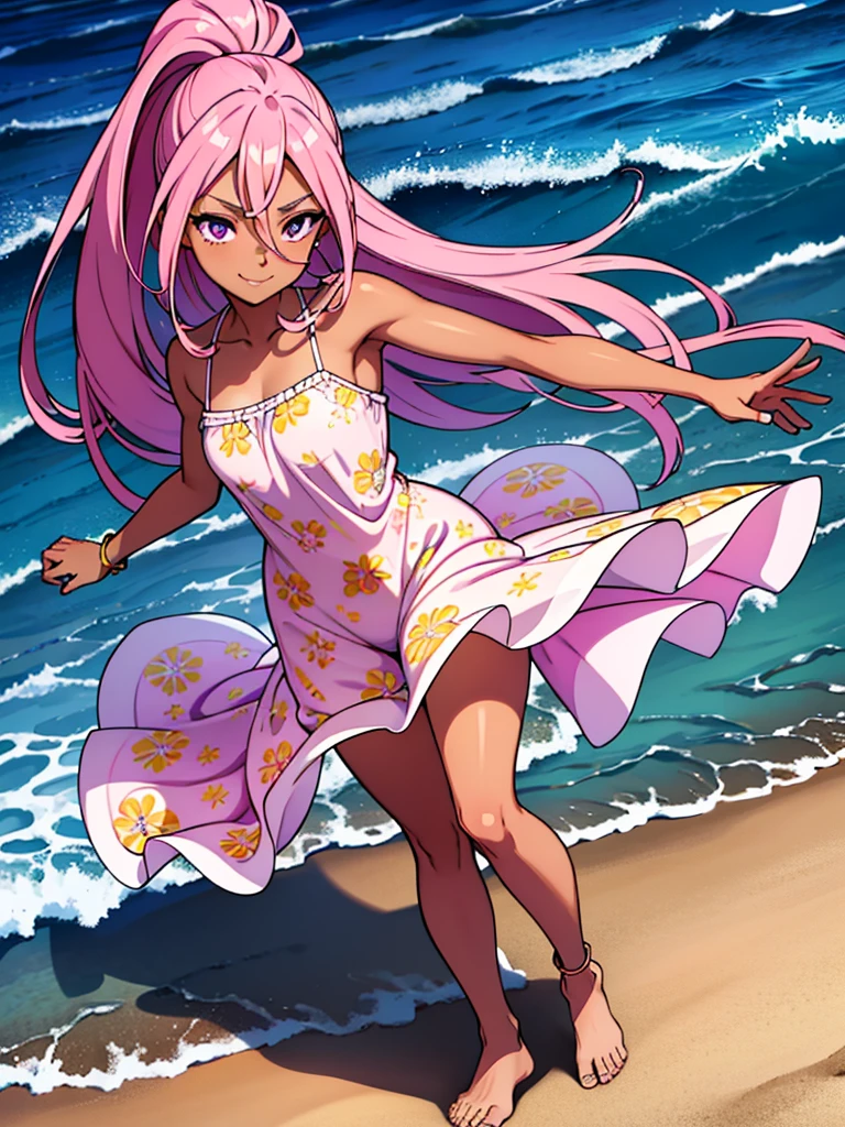 4k, masterpiece, high detailed, beautiful eyes, long pink hair, high ponytail, purple eyes, mischievous smile, wearing a light, flowing sundress with floral patterns, beach setting, standing barefoot on the sand, gentle waves in the background, bright sunlight, playful and carefree expression, wind lightly blowing her hair and dress, seashells scattered on the sand, summer vibes, relaxed and joyful atmosphere, spider pattern, detailed feet, beautiful eyes, (best quality), (extremely detailed 8K wallpaper), ultra-detailed, cinematic lighting, detailed light, best shadow, anklet, dark skinned, female, Hawaiian, detailed face, beautiful toes, beautiful hands,