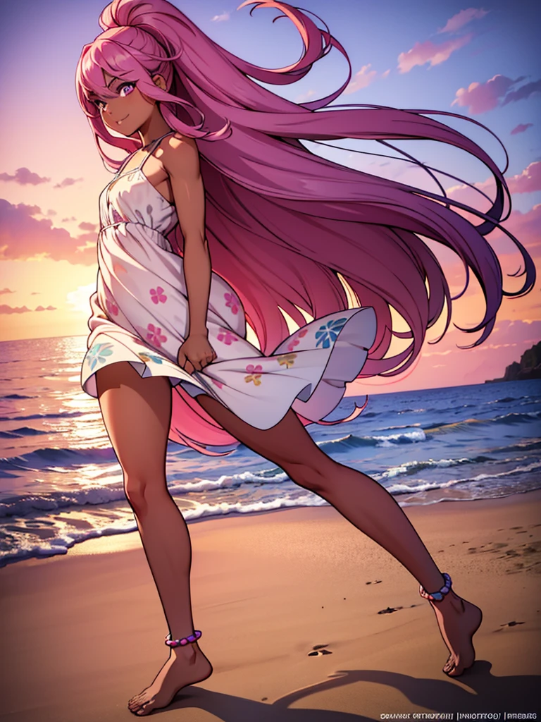 4k, masterpiece, high detailed, beautiful eyes, long pink hair, high ponytail, purple eyes, mischievous smile, wearing a light, flowing sundress with floral patterns, beach setting, standing barefoot on the sand, gentle waves in the background, bright sunlight, playful and carefree expression, wind lightly blowing her hair and dress, seashells scattered on the sand, summer vibes, relaxed and joyful atmosphere, spider pattern, detailed feet, beautiful eyes, (best quality), (extremely detailed 8K wallpaper), ultra-detailed, cinematic lighting, detailed light, best shadow, anklet, dark skinned, female, Hawaiian, detailed face, beautiful toes, beautiful hands,