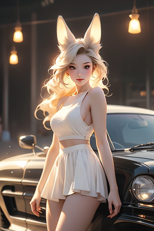 1girl, 20 years old, sexy body, seductive expression, look at viewer, tank top cyberpunk style, mini skirt, photo, animal ears, bunny, big breasts, realistic, best quality, yellow hair, black, and yellow, hires, detailed face, diffused lighting, glasse, depth of field, bokeh, pose model, smile, standing, shoes, white background.