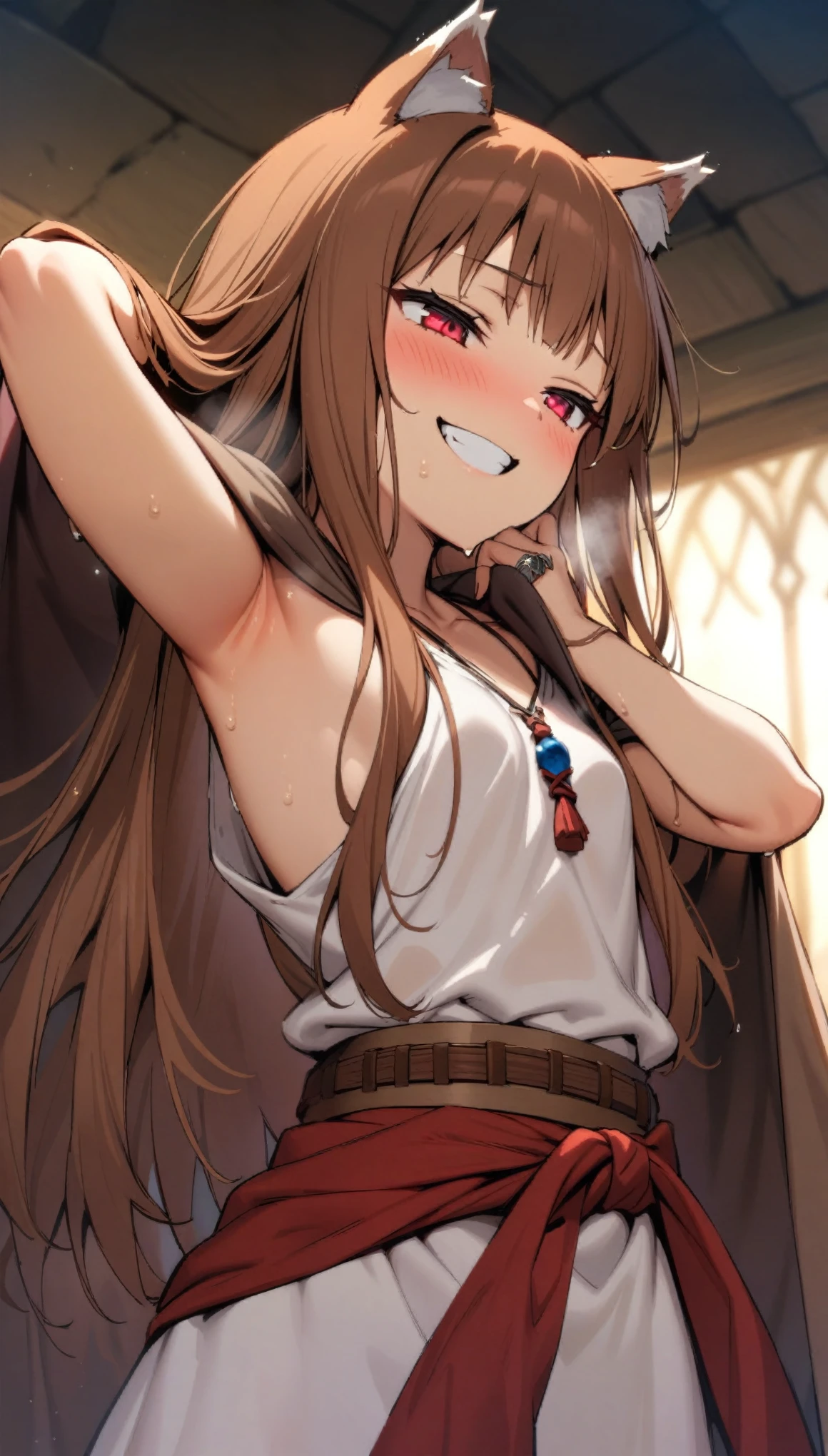 (masterpiece:1.2), hyper detail, best quality, (intricate_details:1.1), beautiful detailed, beautiful hair, solo,1girl, holo, /(spice and wolf/), wolf girl, detailed beautiful face and eyes, detailed red eyes, deep crimson eyes, detailed brown hair, intricate hair, long hair, animal ears, wolf ears,slim body, glowing eyes, small breasts, slender, slim,smiling with teeth, happy, medieval clothes,white short sleeves dress, red fabric belt, woven belt, ring accessory, The Promise of the Wise Wolf, Simple necklace, fabric ribbon,robe_cape,robe half off shoulder,shoulder,upper body,hand holding coat, sweating,heavy breathing,steam,blush,open robe,greasy shoulder,from below,looking down,hand up,armpit,greasy armpit,from side, shoulder focusblurry_background,sweating,greasy shoulder,from below,looking side,flipped hair,armpit,greasy armpit,from side, shoulder focus,((armpit focus)),bare shoulder,upper body,five fingers,(sideboobs),five fingers,((greasy armpit)),((smooth armpit)),((Pupil details)),backlighting,((Stretch oneself)),((hand on chest)),((five fingers)),((Detailed armpit)),((elastic armpit)),((soft armpit)),pov,