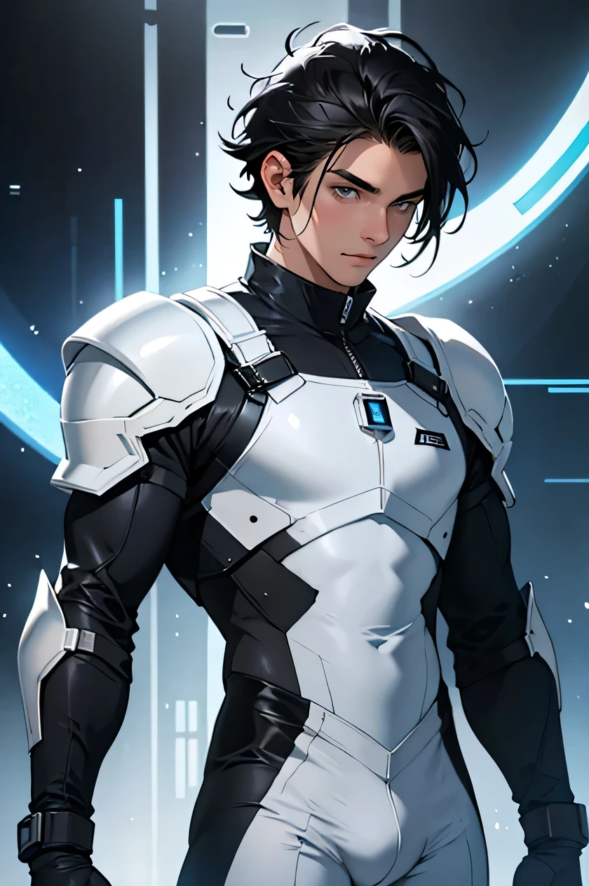 Beautiful guy 18-year-old Very short, cropped black hair White tight rubber suit Rubber gloves Bulge future universe White armor Armor Science fiction whole body A helmet with a visible face
