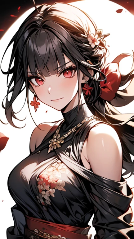 yor briar, anime style beutiful woman, 1girl, happy, smile, red face, closed mouth, beautiful detailed eyes, super detailed skin, backlighting, bare shoulders, black background, black dress, black gloves, black hair, breasts, dress, earrings, fingerless gloves, floating hair, floral print, flower, gloves, gold earrings, gold hairband, hair flower, hair ornament, hairband, holding, holding weapon, jewelry, large breasts, long hair, looking at viewer, off-shoulder dress, off shoulder,red eyes, short hair with long locks, sidelocks, solo, spikes, thighs, two-sided dress, two-sided fabric, weapon, fighting stance , face, close up, from above, highest quality, high resolution.