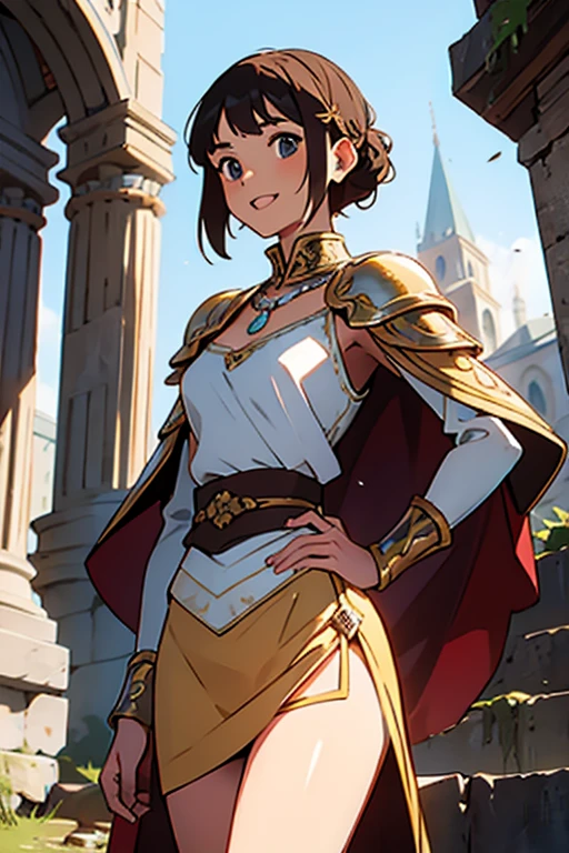 masterpiece, highest quality,High resolution,High-quality images,Detailed eye depiction,Skin luster,Shiny Hair,Fine grain,Adult women,Very detailed,Rin々Nice face,Open Mouth Smile,White and gold adventurer uniform,Royal attire,necklace,The world of medieval Europe,Show your armpits,Black eyes,The dignity of a hero,,Small hair ornament,tattoo,Cape,Legs visible through the skirt,Natural Beauty,Investigating the dilapidated ruins,The existence of megalithic civilizations,An ancient city of legends,huge stone arch,Stone stairs leading to the top,Cinematic,Large Breasts,Cleavage,