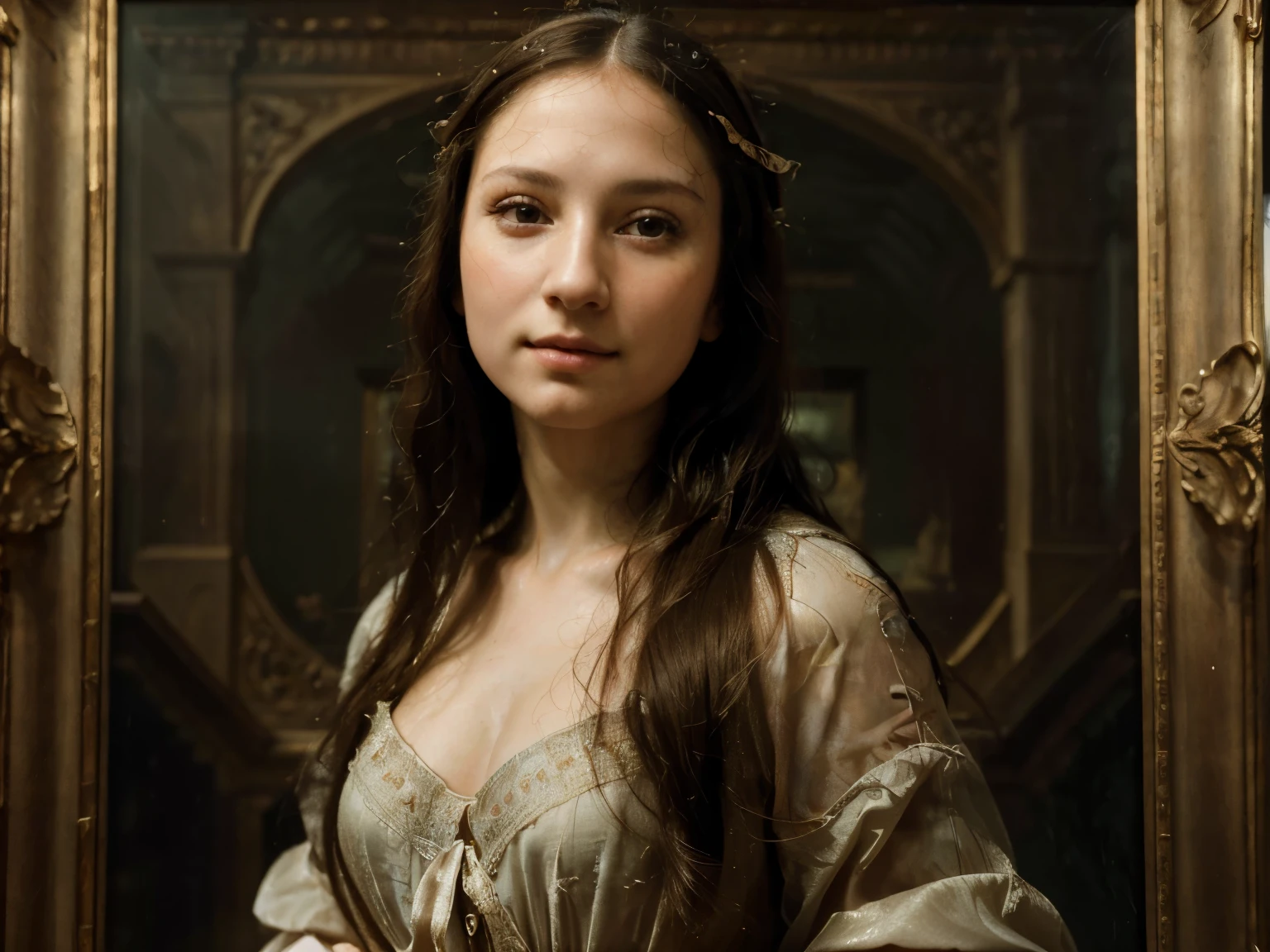 (highres, realistic:1.37), portrait, Mona Lisa, artistic nude shoot, elegant pose, detailed facial expression, soft lighting, classical art style, delicate brushwork, vibrant colors, Renaissance, mysterious smile, intricate details, enigmatic charm, rich textures, masterful composition, timeless beauty, captivating gaze, elaborate backdrop, fine art quality, graceful posture, ethereal atmosphere, exquisite artistry