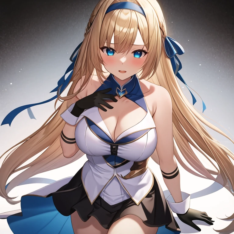 (masterpiece, best quality:1.2), 1girl, solo, blond hair, blue hairband, blue hair ribbon on the left, white breast, black gloves, knight skirt, Solid color background