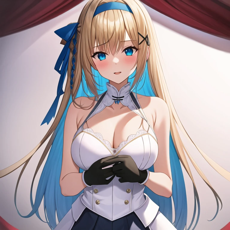 (masterpiece, best quality:1.2), 1girl, solo, blond hair, blue hairband, blue hair ribbon on the left, white breast, black gloves, knight skirt, Solid color background
