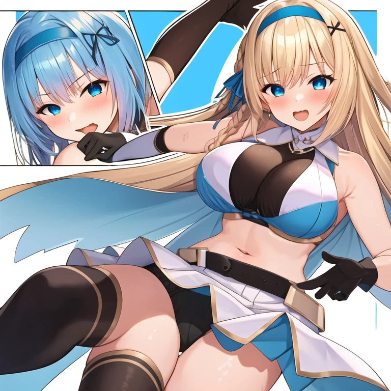 (masterpiece, best quality:1.2), 1girl, solo, blond hair, blue hairband, blue hair ribbon on the left, white breast, black gloves, knight skirt, Solid color background