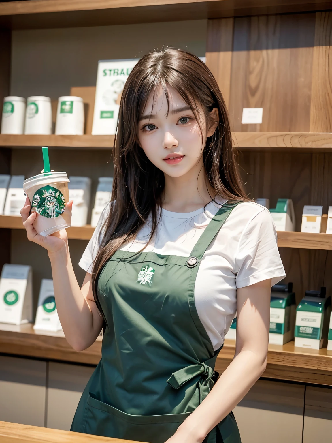 (highest quality、Tabletop、8k、Best image quality、Award-winning works)、Woman working at Starbucks、(The most natural and perfect Starbucks green simple apron:1.imple green apron:1.2)、Classy shirt、(Large Breasvage:1.1tuate your body lines:1.1)、(Standing Elegant1)、Beautiful woman portrait、The most natural and perfectly organized convenience store、The background is inside a Starbucks store.、Perfectly organized shelves、Shelves lined with natural products、(very bright and vivid:1.2)、Strongly blurred backgd、Look at me and smile、(Accurate anatomy:1.1)、Ultra high resolution perfect beautiful teeth、Ultra-high definition beauty face、Ultra HD Hair、Ultra-high definition sparkling eyes、(輝く超高解像度のGlowing Beautiful Skin:1.3)、(Glowing Beautiful Skin:1.2)、Ultra-high quality glossy lips、(((Brown long hair、See-through bangs)))、(((Cute toothy smile)))