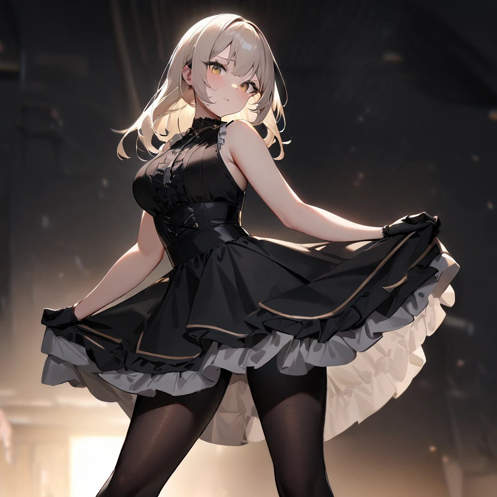 1 girl,best quality, very aesthetic,absurdres,looking at viewer,front view,Lovely lady,,skirt lift,high-grade,layer,westfrill,light hair,multilayer,blackcolor,trim,(side-Crisscross),breasts,upscale,Layered,yellow pale,blackglove,pantyhose,lovely,all black,Sleeveless,open stance,curtsey,(saturation)