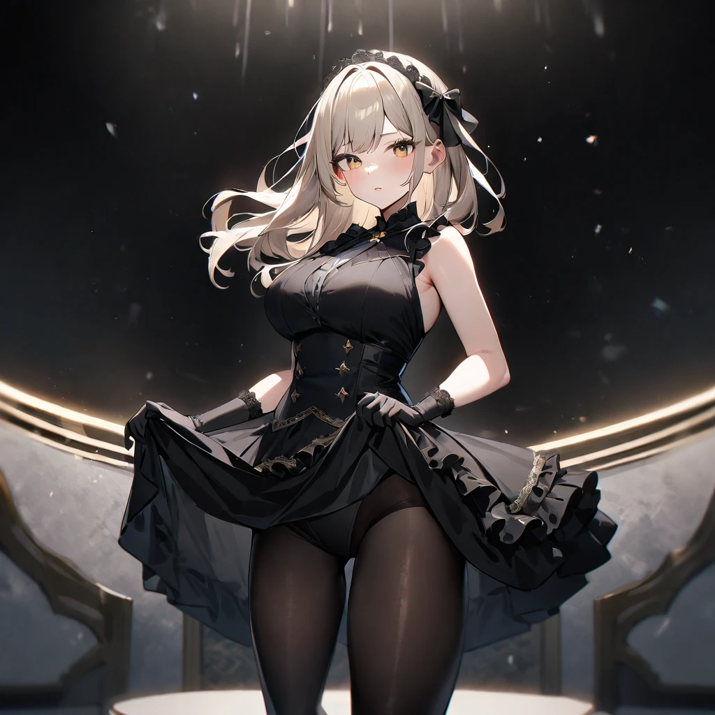 1 girl,best quality, very aesthetic,absurdres,looking at viewer,front view,Lovely lady,,skirt lift,high-grade,layer,westfrill,light hair,multilayer,blackcolor,trim,(side-Crisscross),,upscale,Layered,yellow pale,blackglove,pantyhovely,all black,Sleeveless,open stance,curtsey,(saturation)