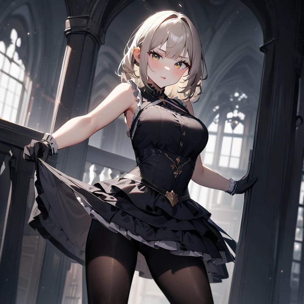 1 girl,best quality, very aesthetic,absurdres,looking at viewer,front view,Lovely lady,,skirt lift,high-grade,layer,westfrill,light hair,multilayer,blackcolor,trim,(side-Crisscross),breasts,upscale,Layered,yellow pale,blackglove,pantyhose,lovely,all black,Sleeveless,open stance,curtsey,(saturation)