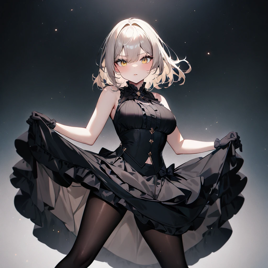 1 girl,best quality, very aesthetic,absurdres,looking at viewer,front view,Lovely lady,,skirt lift,high-grade,layer,westfrill,light hair,multilayer,blackcolor,trim,(side-Crisscross),breasts,upscale,Layered,yellow pale,blackglove,pantyhose,lovely,all black,Sleeveless,open stance,curtsey,(saturation)