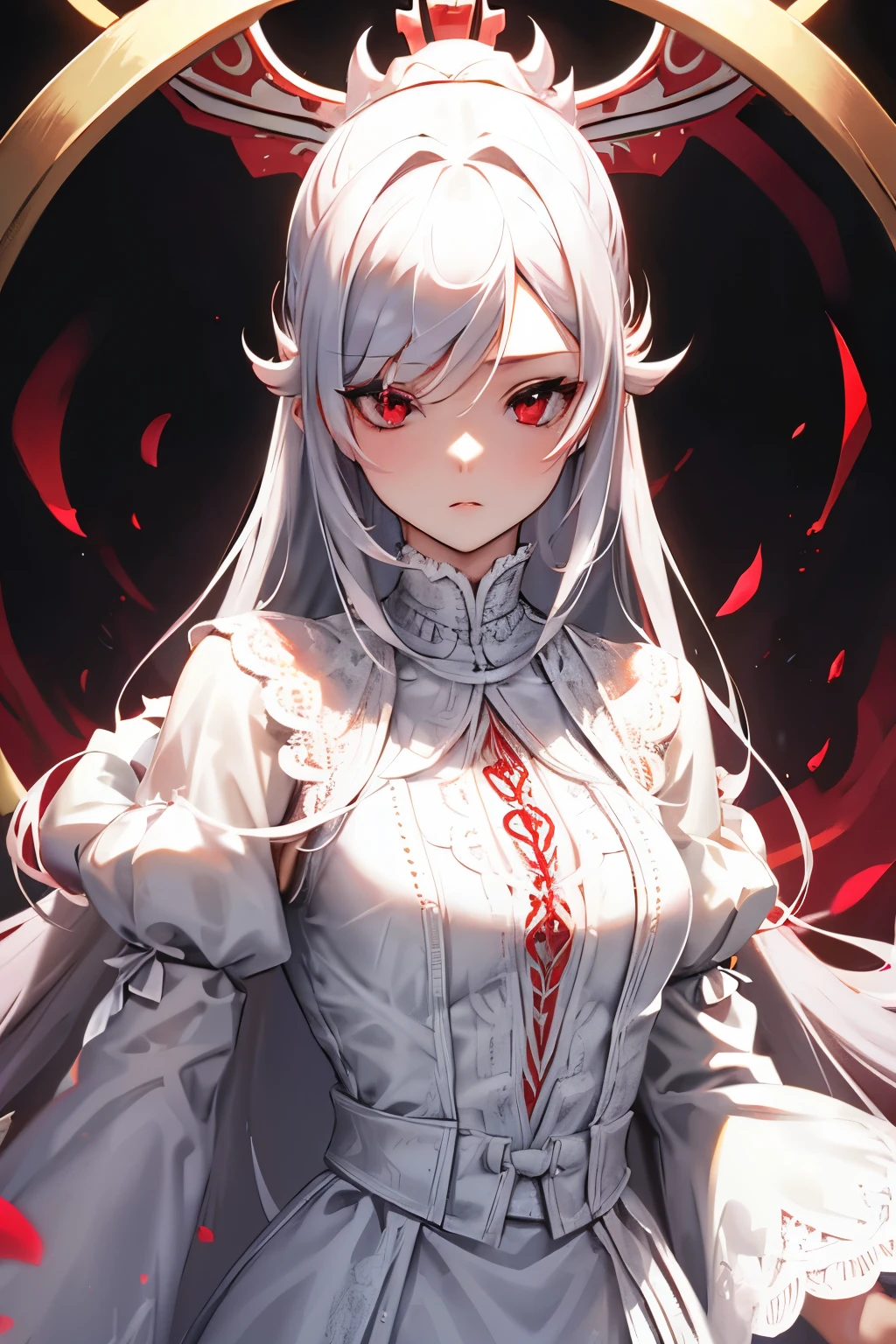 Character design, female, long silvee hair, wearing a white lace dress, red eyes, small frame, detailed, best quality