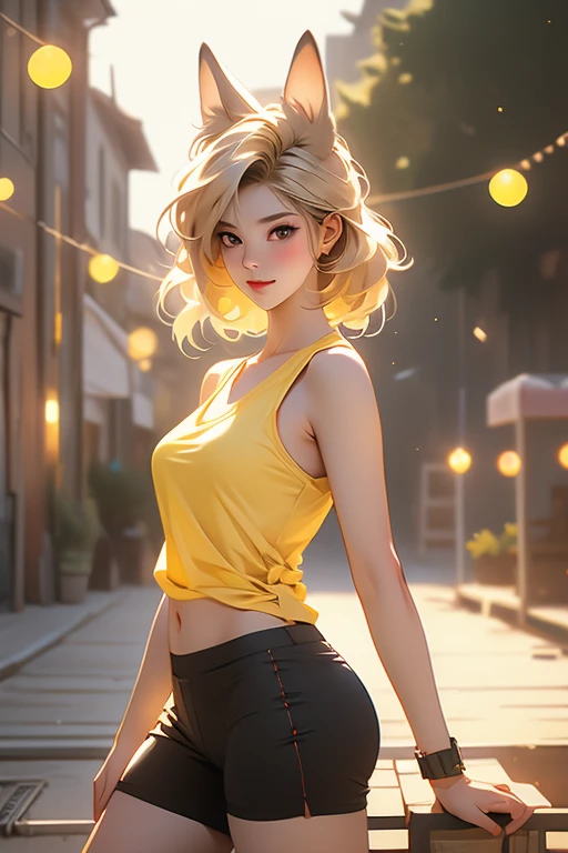 1girl, 20 years old, sexy body, seductive expression, look at viewer, tank top cyberpunk style, mini underpants, photo, animal ears, bunny, big breasts, realistic, best quality, yellow hair, black, and yellow, hires, detailed face, diffused lighting, glasse, depth of field, bokeh, pose model, smile, standing, shoes, white background.