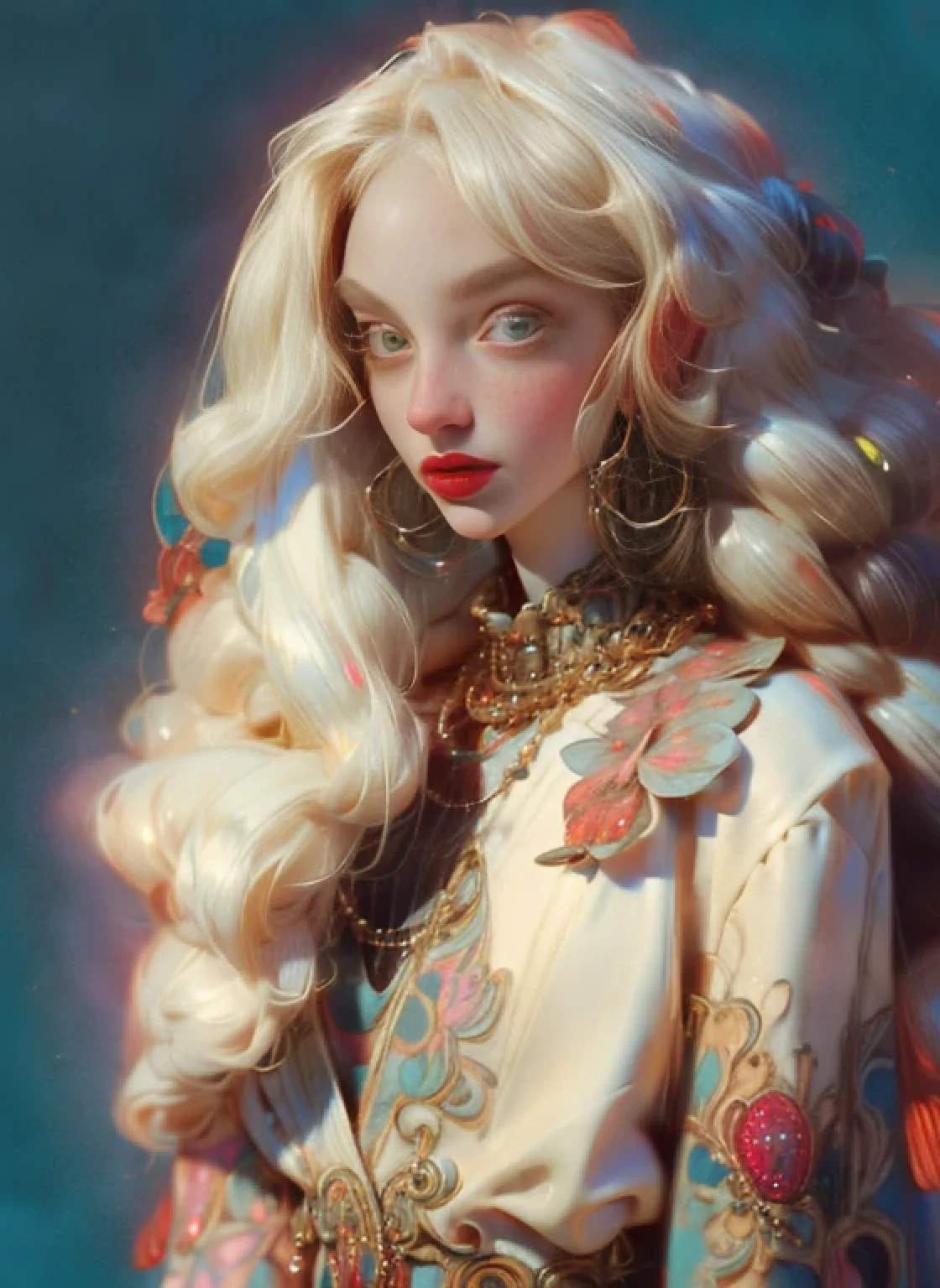large beaded and jeweled costume jewelry, embroidered clothing, symmetrical face, wide eyed, surprides