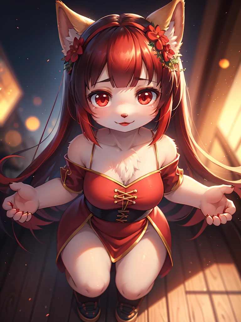 Unrealistic Perspective , dynamic angle , rule of thirds Layout , Bokeh , dynamic fashion model action , realistic hairy fur , round face , moist round eyes , Swollen cheeks , hair ties , Short stature , accidents , Happenings , sensational , (masterpiece),(highest quality:1.0), (Ultra-high resolution:1.0), Detail view, 8k, anime, One girl, beautiful anime girl, Wearing a red dress, Flower Crown, Pretty face, Detailed face, Beautiful Eyes, Fine grain, Dark red eyes, Bright red lips, Red lipstick, Beautiful and stylish hair, Hair highlights, bangs anime style, highest quality, Vibrant