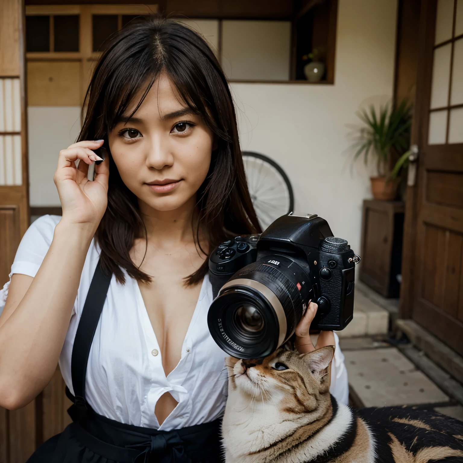 Woman taking a photo with a professional camera, He has a Japanese , es una chica con orejas de gato en su cabeza y tiene un gato en su cabeza