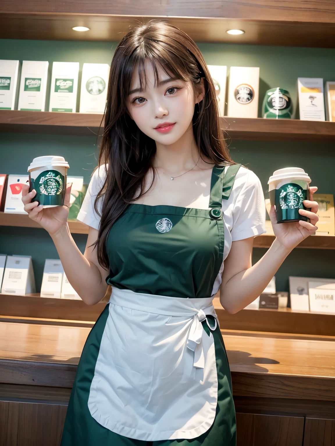 (highest quality、Tabletop、8k、Best image quality、Award-winning works)、Woman working at Starbucks、(The most natural and perfect Starbucks green simple apron:1.3)、(Simple green apron:1.2)、Classy shirt、(Large Breasts、Cleavage:1.1)、(Accentuate your body lines:1.1)、(Standing Elegantly:1.1)、(((Brown long hair、See-through bangs)))、(((Cute toothy smile)))、Beautiful woman portrait、The most natural and perfectly organized convenience store、The background is inside a Starbucks store.、Perfectly organized shelves、Shelves lined with natural products、(very bright and vivid:1.2)、Strongly blurred background、Look at me and smile、(Accurate anatomy:1.1)、Ultra high resolution perfect beautiful teeth、Ultra-high definition beauty face、Ultra HD Hair、Ultra-high definition sparkling eyes、(輝く超高解像度のGlowing Beautiful Skin:1.3)、(Glowing Beautiful Skin:1.2)、Ultra-high quality glossy lips