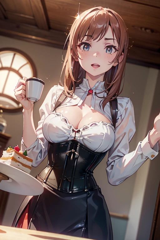 (medium breasts:0.6),(from above:1.2), ((Face)), (Close-Up:0.4), (( eat a cake and have a coffee)),highest quality、(real、photorealistic:1.4),(ultra high resolution, 8K RAW photo, clear focus), best qualtiy, natural lighting, field depth, (Bright pupils, detailed beautiful eyes, high detailed face), Red lip, (tight focus:1.2, from below:1.2), sexy posing, erotic cute,cooking Research Institutes(beautiful and luxurious:1.2),(double breasted:1.0,under bust:1.0), gap between buttons,(((corset belt))),(((high waist skirt,))) seductive weak smiling,(with sparkling eyes and a contagious smile),open mouth, Looking at Viewer