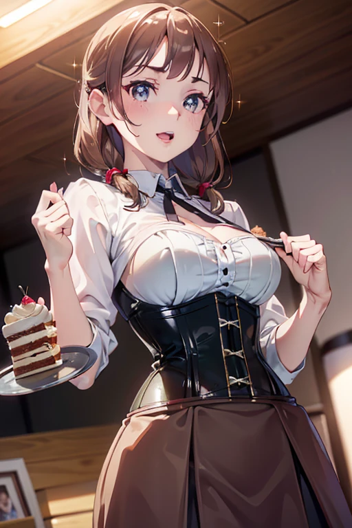 (medium breasts:0.6),(from above:1.2), ((Face)), (Close-Up:0.4), (( eat a cake and have a coffee)),highest quality、(real、photorealistic:1.4),(ultra high resolution, 8K RAW photo, clear focus), best qualtiy, natural lighting, field depth, (Bright pupils, detailed beautiful eyes, high detailed face), Red lip, (tight focus:1.2, from below:1.2), sexy posing, erotic cute,cooking Research Institutes(beautiful and luxurious:1.2),(double breasted:1.0,under bust:1.0), gap between buttons,(((corset belt))),(((high waist skirt,))) seductive weak smiling,(with sparkling eyes and a contagious smile),open mouth, Looking at Viewer
