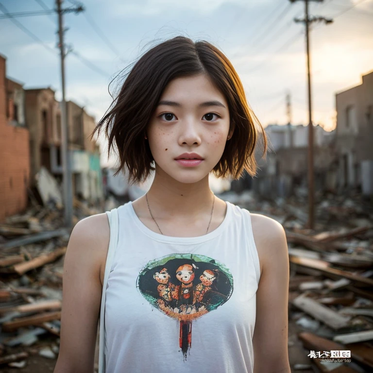 (masterpiece, highest quality, 1 girl, alone) In the ruins of the zombie apocalypse, 美しいアメリカの金髪の十代のborn存者, ( Half Body Shot, There are many freckles on the face, Slim figure, Short messy side cut hair, Hazel green eyes), I'm tired but I won't give in, Discover the secret sanctuary village, A ray of hope in a world ravaged by despair. Her Journey, Involving risk and loss, Lead her to this hidden haven, A place where safety and the promise of new beginnings await.. Surrounded by the revival of nature, The sanctuary stands as a lush oasis amidst the desolation., Its very existence is a testament to the resilience and tenacity of humankind.. When she crosses the line, Her relief is palpable., Her face is、Even in the darkest times, Hope can find its way to prosperity. This moment、It captures the essence of hope in the face of adversity.。, bornき残るための戦いにおいて, The human spirit is indomitable, 16k, Ultra-high resolution.Realistic, Ultra-high resolution, born, Sanctuary village in the background