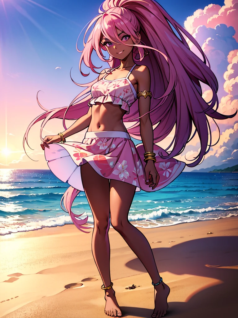 4k, masterpiece, crop top, high detailed, beautiful eyes, long pink hair, high ponytail, purple eyes, mischievous smile, wearing a light, flowing sundress with floral patterns, beach setting, standing barefoot on the sand, gentle waves in the background, bright sunlight, playful and carefree expression, wind lightly blowing her hair and dress, seashells scattered on the sand, summer vibes, relaxed and joyful atmosphere, spider pattern, detailed feet, beautiful eyes, (best quality), (extremely detailed 8K wallpaper), ultra-detailed, cinematic lighting, detailed light, best shadow, anklet, dark skinned, female, Hawaiian, detailed face, beautiful toes, beautiful hands,