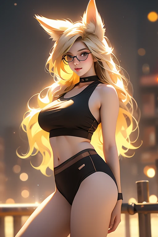 1girl, 20 years old, sexy body, seductive expression, look at viewer, tank top cyberpunk style, mini underpants, photo, animal ears, bunny, big breasts, realistic, best quality, yellow hair, black, and yellow, hires, detailed face, diffused lighting, glasse, depth of field, bokeh, pose sexy model, smile, standing, shoes, white background.